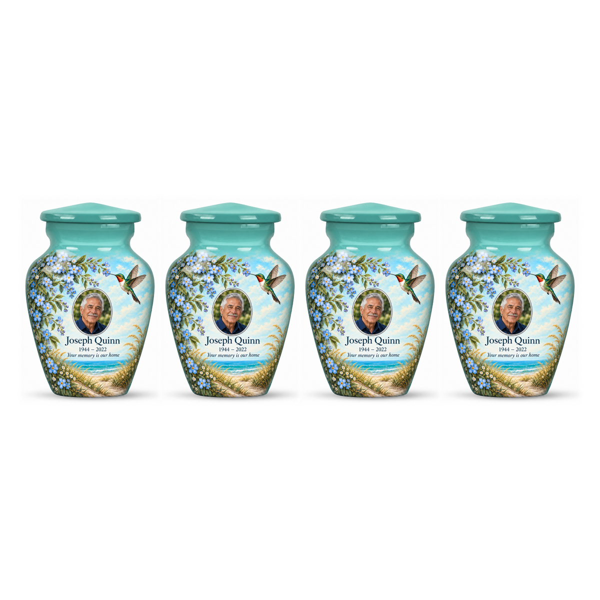 Four matching seafoam green hummingbird keepsake urns in a row on white, each with Joseph Quinn sample portrait and memorial text.