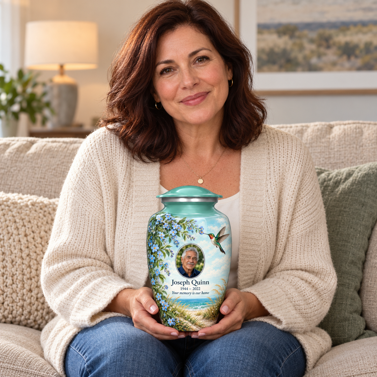 A seated person holding the seafoam green hummingbird adult urn with Joseph Quinn sample portrait and memorial text on their lap.