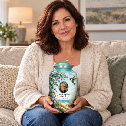 A seated person holding the seafoam green hummingbird adult urn with Joseph Quinn sample portrait and memorial text on their lap.