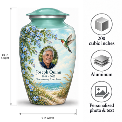 Seafoam green hummingbird adult urn size guide: 10 inch height, 6 inch width, 200 cubic inches, Aluminum, and personalized photo and text.