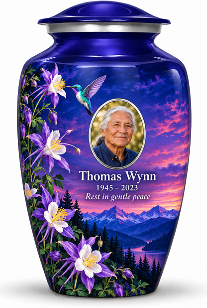Indigo blue hummingbird adult urn with purple and white columbines and twilight mountains, Thomas Wynn sample portrait and memorial text on white.