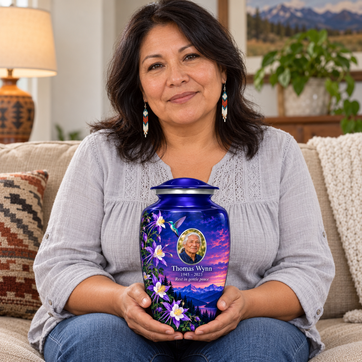 A seated person holding the indigo blue hummingbird adult urn with Thomas Wynn sample portrait and memorial text on their lap.