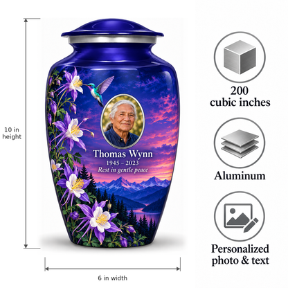 Indigo blue hummingbird adult urn size guide: 10 inch height, 6 inch width, 200 cubic inches, Aluminum, and personalized photo and text.
