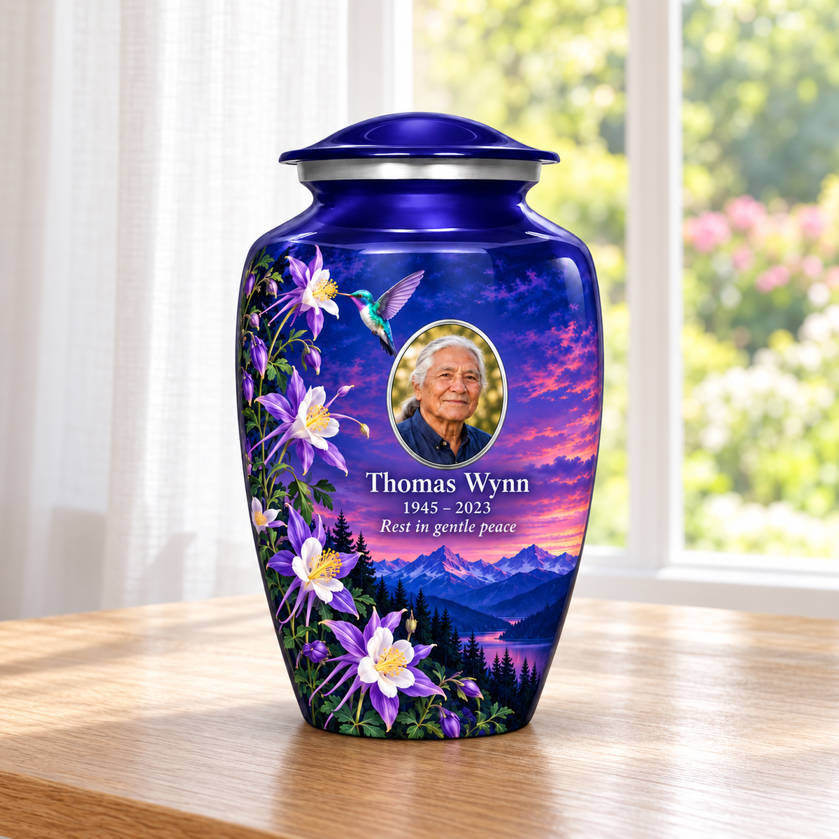 Indigo blue hummingbird adult urn with Thomas Wynn sample portrait and memorial text on a wooden table beside a sunlit window.