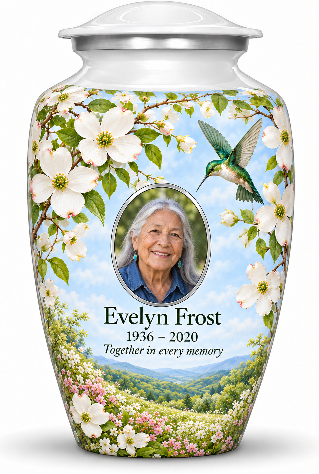 White hummingbird adult urn with white dogwood blossoms, green hills and Evelyn Frost sample oval portrait and memorial text on white.