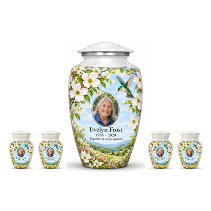 One white hummingbird adult urn centered between four matching keepsakes on white, all with Evelyn Frost sample portrait and memorial text.