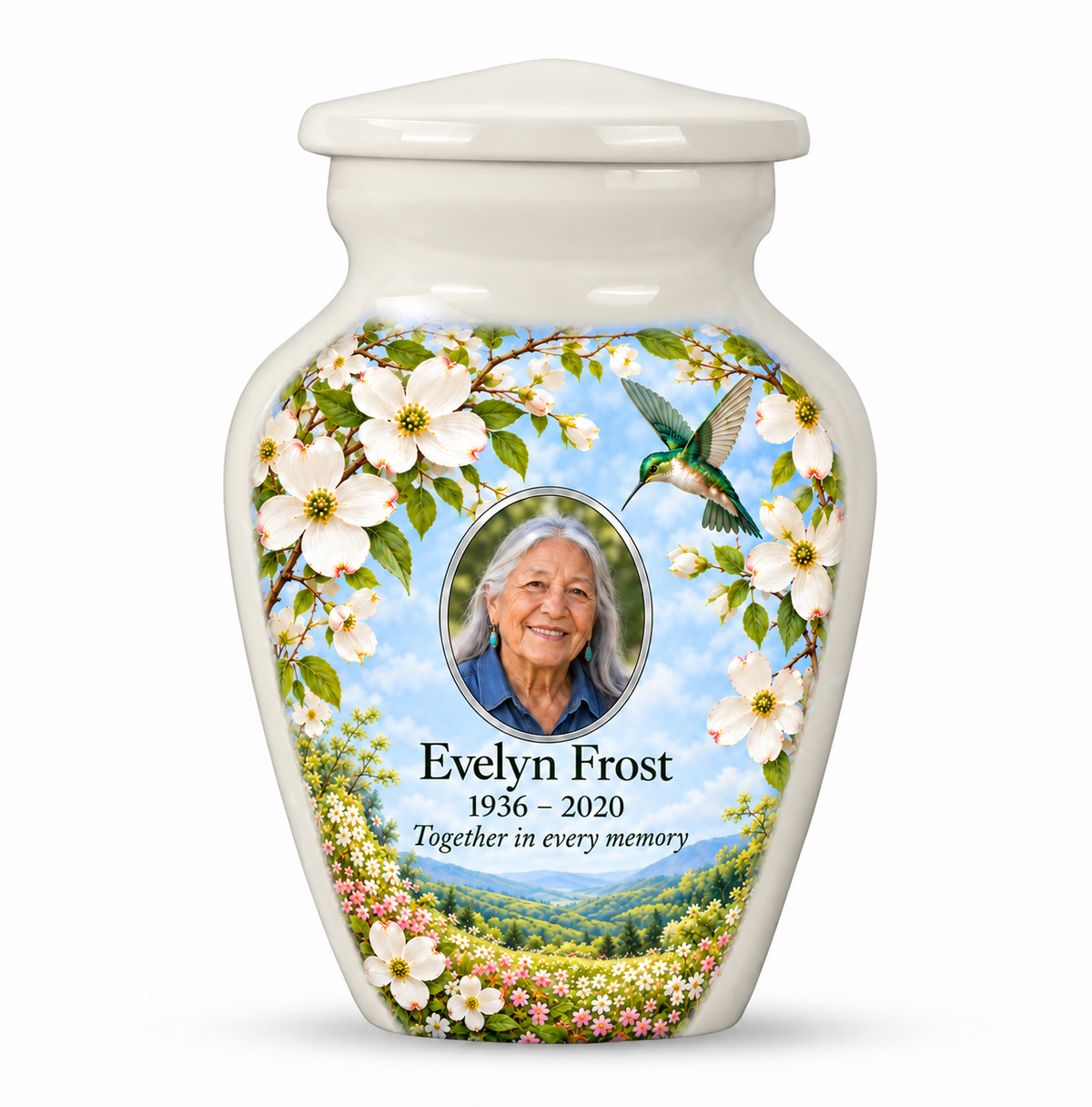 One white hummingbird keepsake urn with white dogwood blossoms, green hills and Evelyn Frost sample oval portrait and memorial text on white.