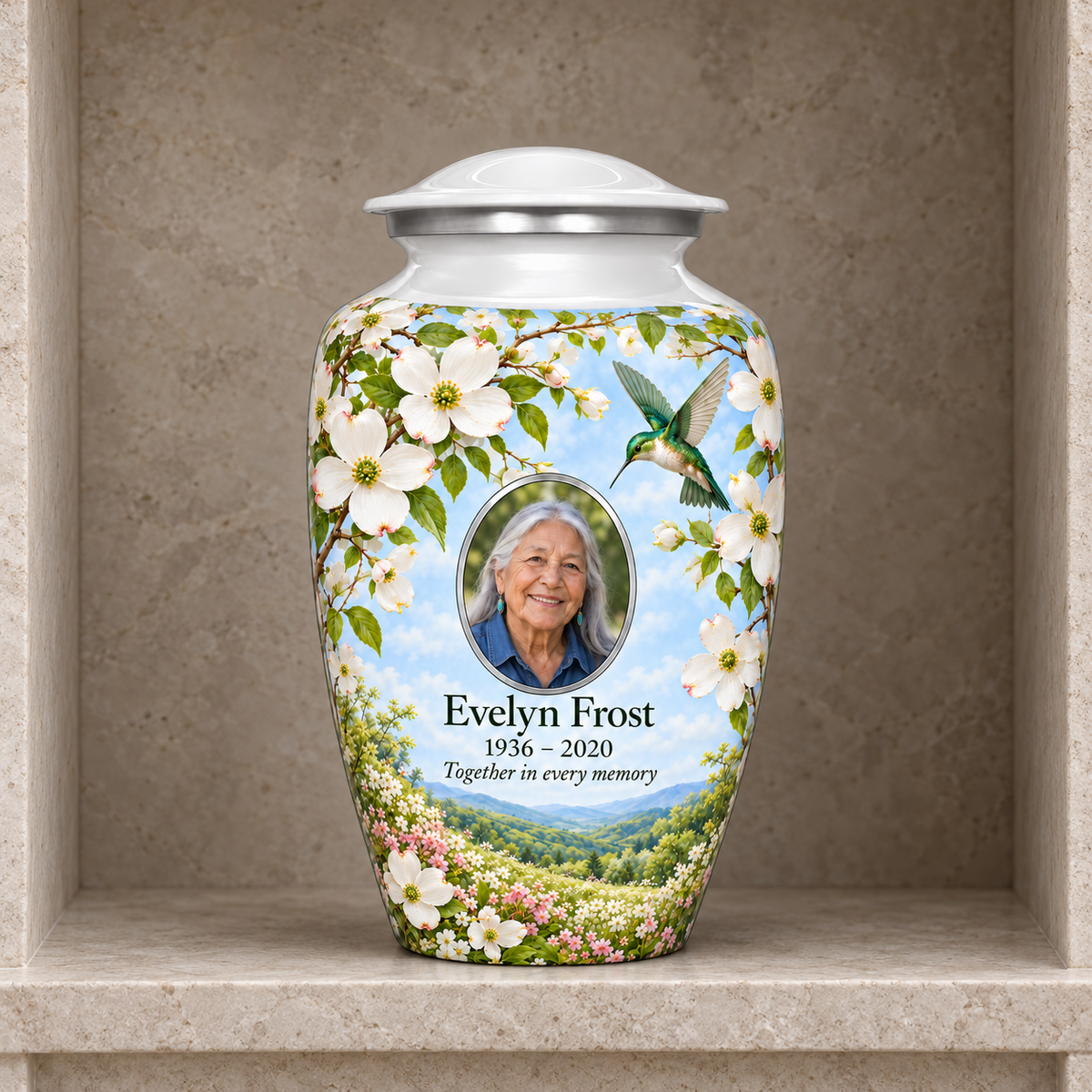 White hummingbird adult urn with Evelyn Frost sample portrait and memorial text in a stone columbarium niche.