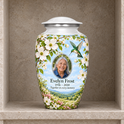 White hummingbird adult urn with Evelyn Frost sample portrait and memorial text in a stone columbarium niche.
