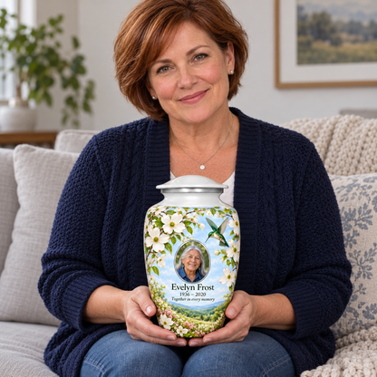 A seated person holding the white dogwood hummingbird adult urn with Evelyn Frost sample portrait and memorial text on their lap.