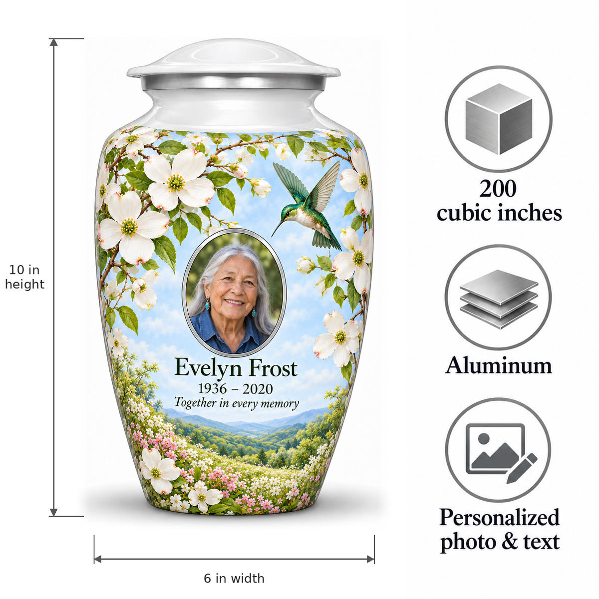 White hummingbird adult urn size guide showing 10 inch height, 6 inch width, 200 cubic inches, Aluminum, and personalized photo and text.