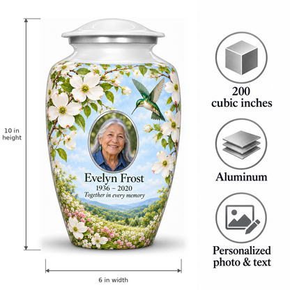 White hummingbird adult urn size guide showing 10 inch height, 6 inch width, 200 cubic inches, Aluminum, and personalized photo and text.