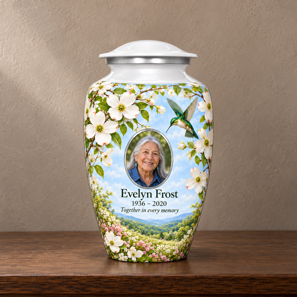 White hummingbird adult urn with Evelyn Frost sample portrait and memorial text on a dark wooden console against a beige wall.