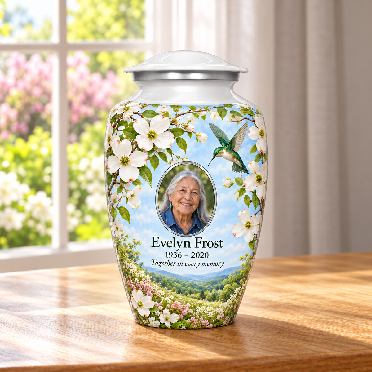 White dogwood hummingbird adult urn with Evelyn Frost sample portrait and memorial text on a wooden table beside a sunlit window.