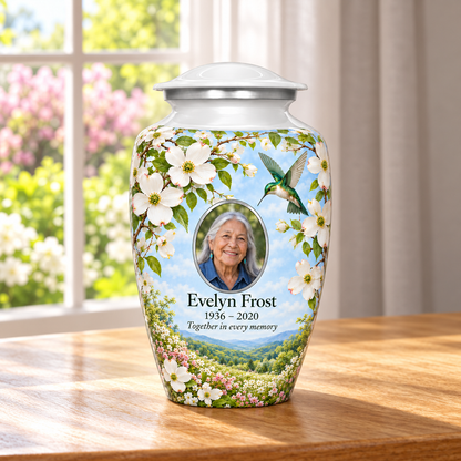 White dogwood hummingbird adult urn with Evelyn Frost sample portrait and memorial text on a wooden table beside a sunlit window.