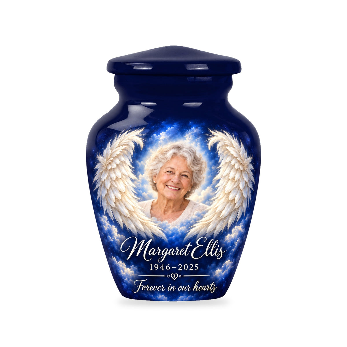 One matching blue 3-inch keepsake urn with ivory wings and sample portrait and text.