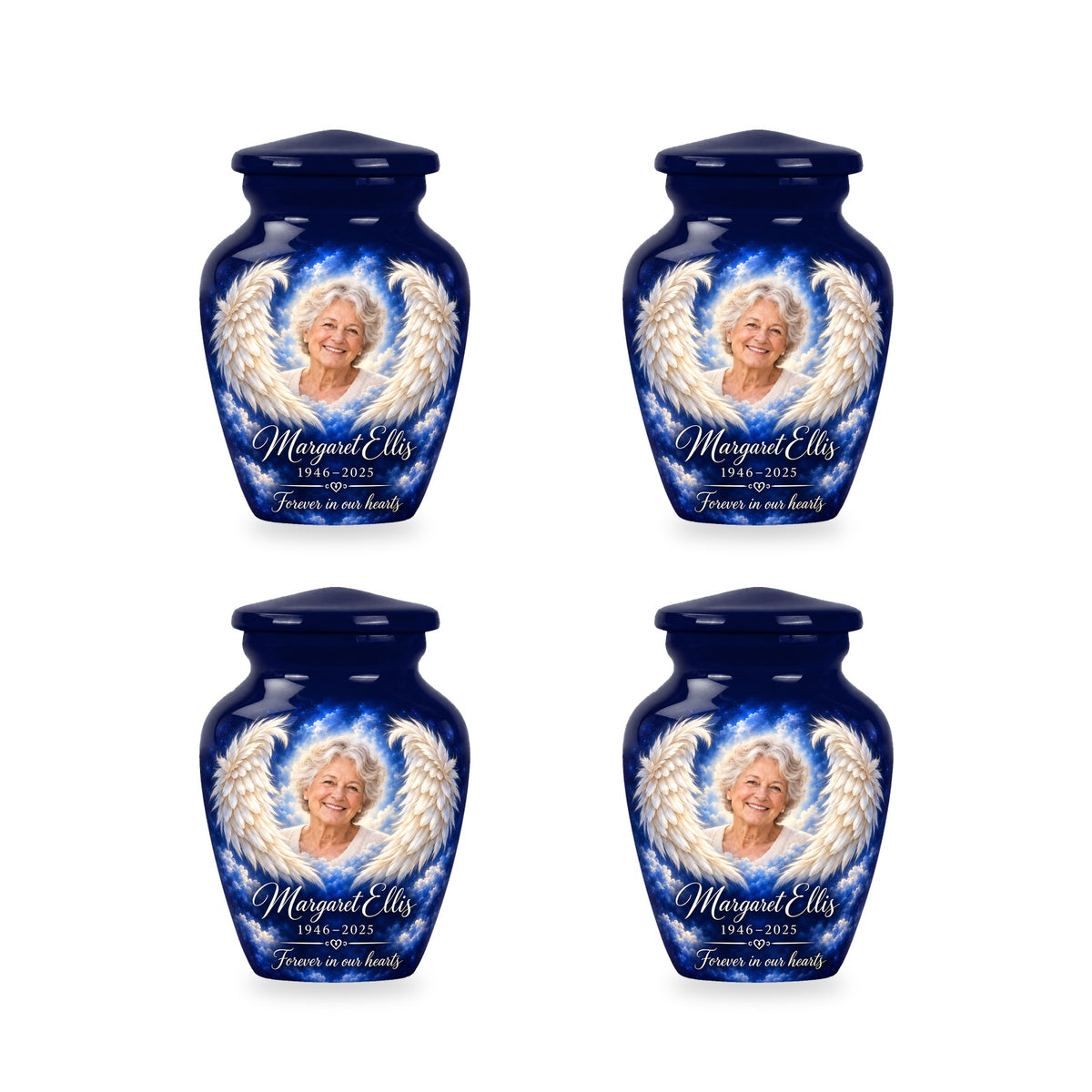 Four matching blue angel wings keepsake urns with sample photo and inscription.