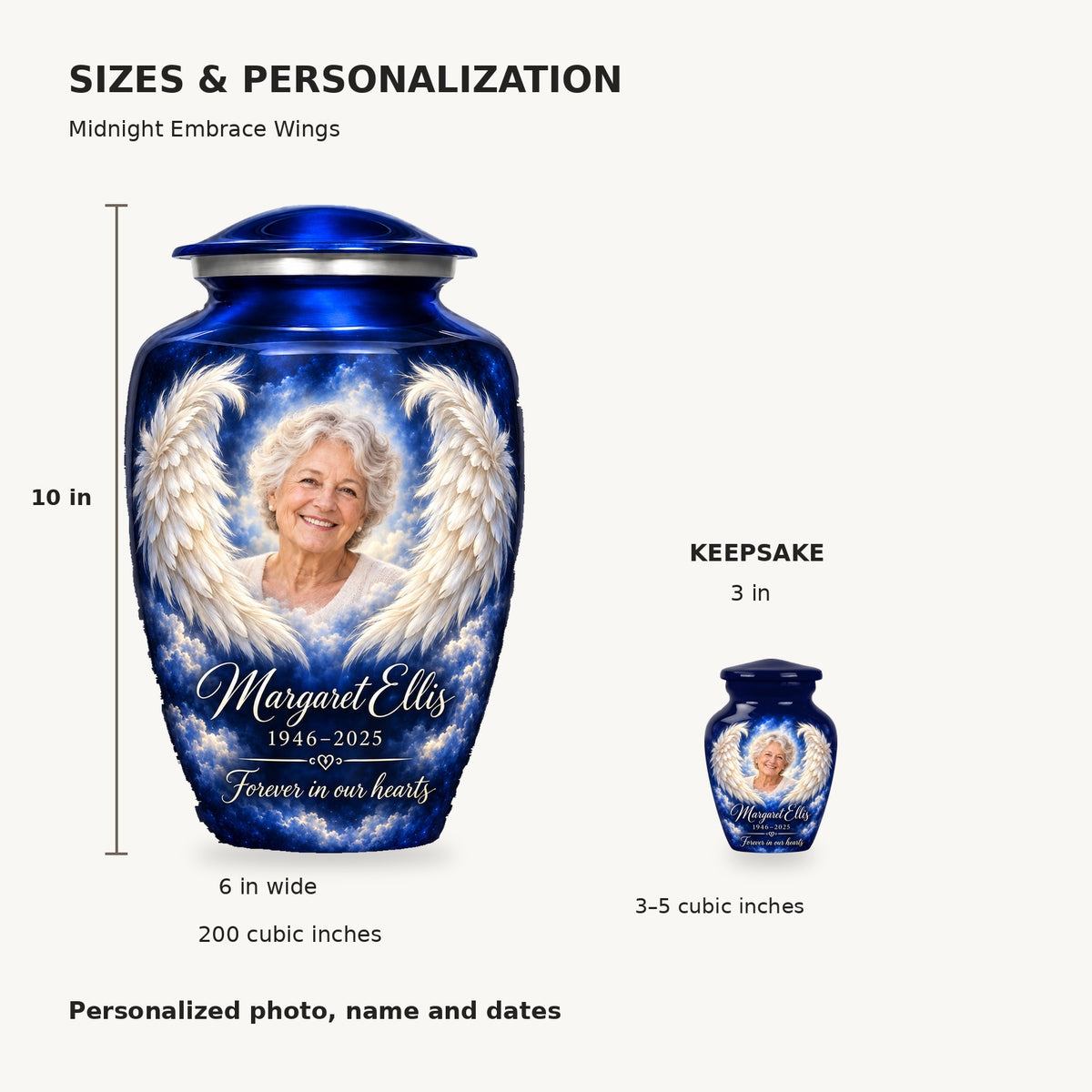Angel wings urn dimensions: adult 10 inches high, 6 inches wide, 200 cubic inches; keepsake 3 inches high, 3–5 cubic inches.