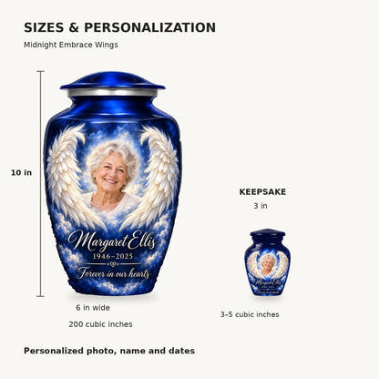 Angel wings urn dimensions: adult 10 inches high, 6 inches wide, 200 cubic inches; keepsake 3 inches high, 3–5 cubic inches.