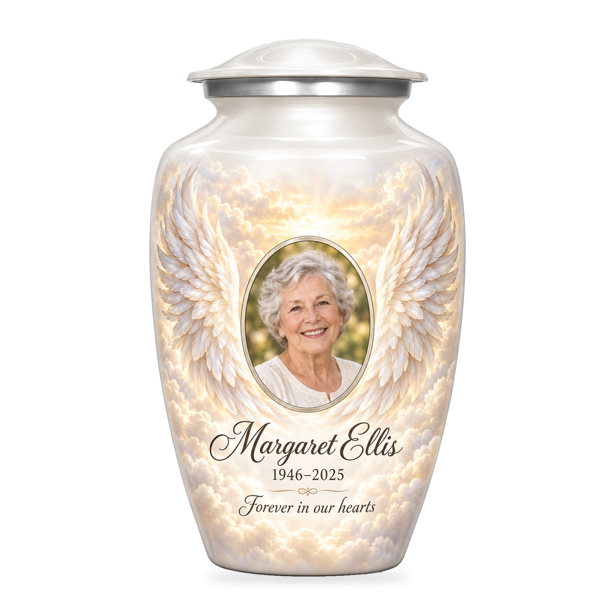 white adult urn with Pearl Dawn Wings angel wings artwork, fictional sample portrait and personalized inscription on white.