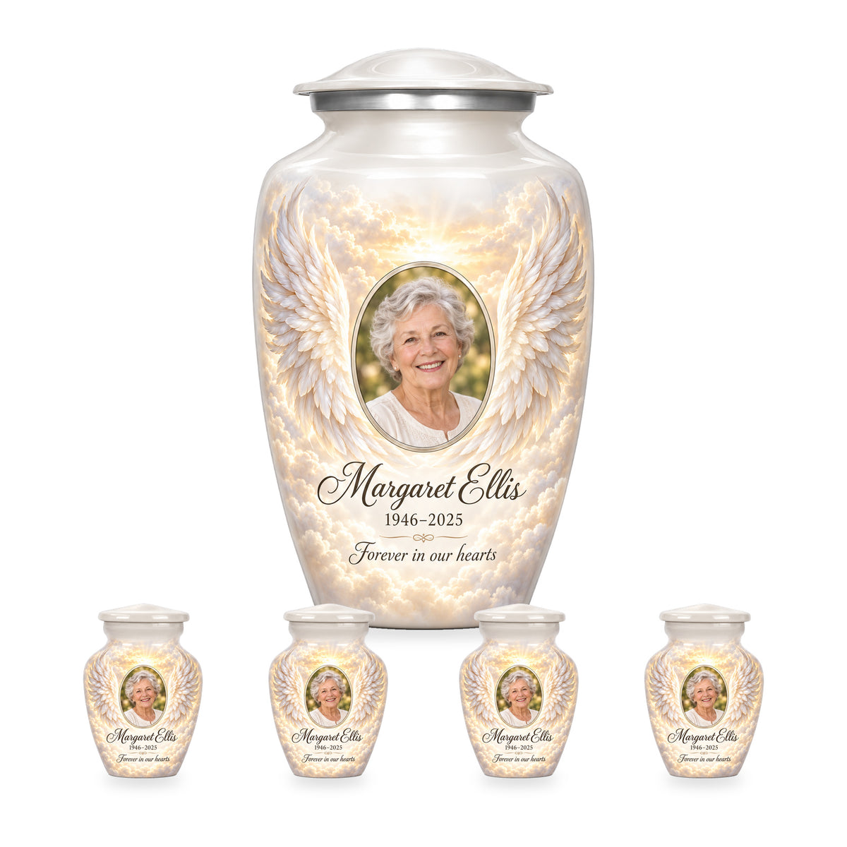 white adult angel wings urn with four matching keepsakes shown in proportional 10-inch and 3-inch sizes.