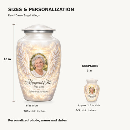 Size guide: adult 10 inches high, 6 inches wide, 200 cubic inches; keepsake 3 inches high, 3–5 cubic inches.