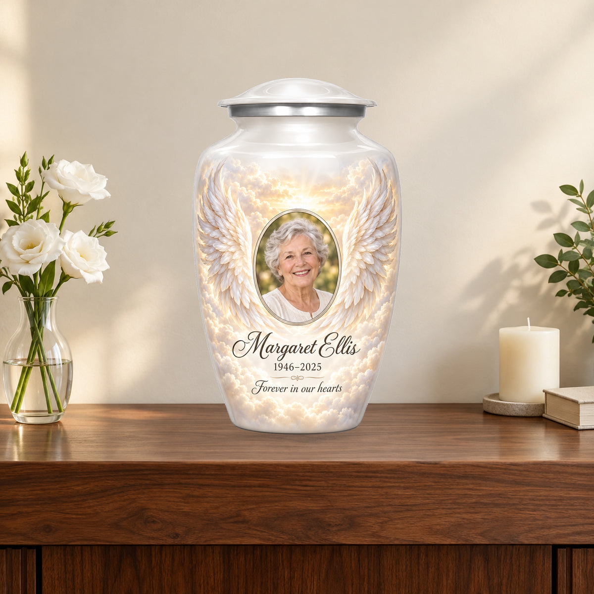 white personalized angel wings adult urn on a memorial console.