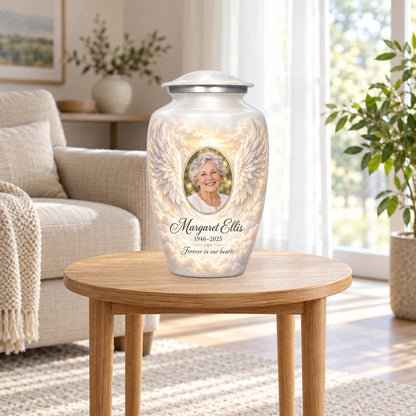 white personalized angel wings adult urn in a sunlit home.