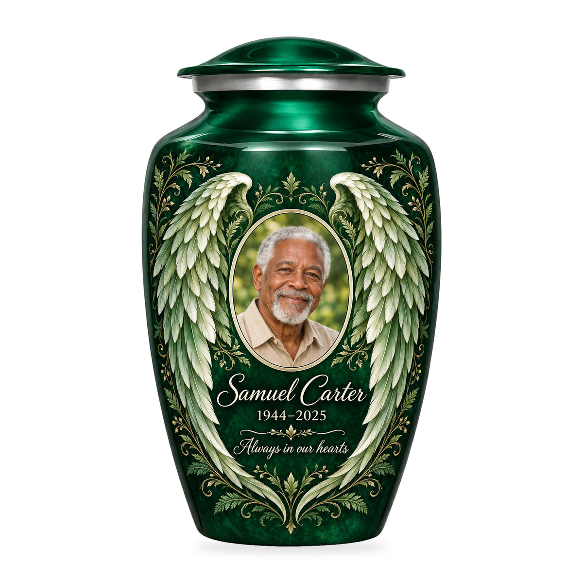 green adult urn with Botanical Wings angel wings artwork, fictional sample portrait and personalized inscription on white.