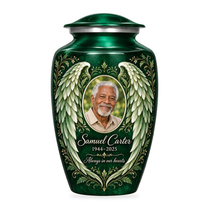 green adult urn with Botanical Wings angel wings artwork, fictional sample portrait and personalized inscription on white.