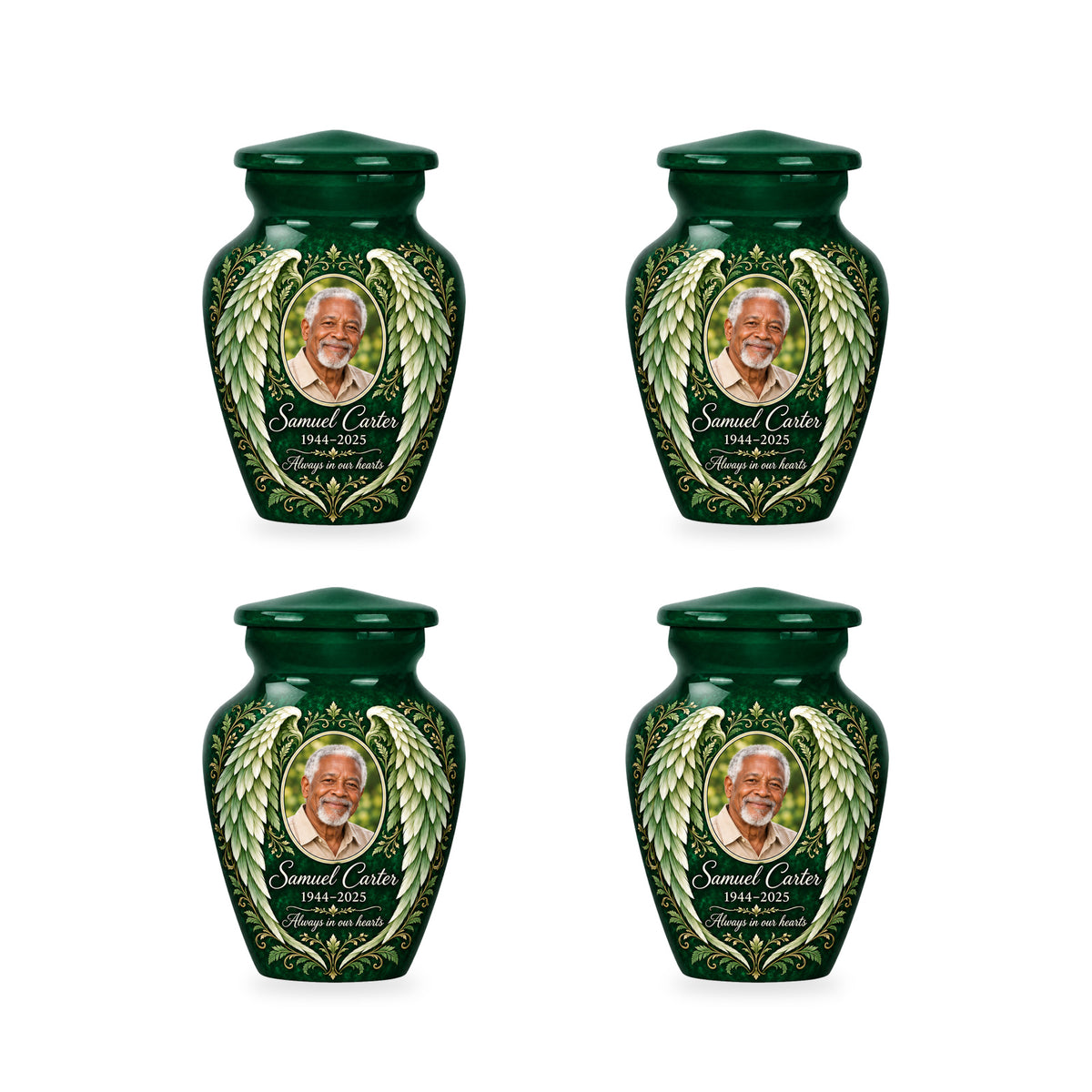 Four matching green angel wings keepsake urns with sample photo and inscription.