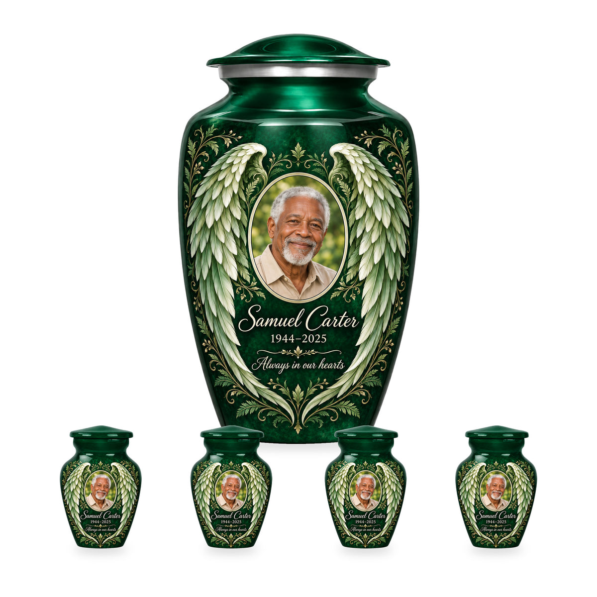 green adult angel wings urn with four matching keepsakes shown in proportional 10-inch and 3-inch sizes.