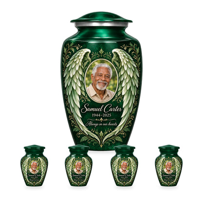green adult angel wings urn with four matching keepsakes shown in proportional 10-inch and 3-inch sizes.