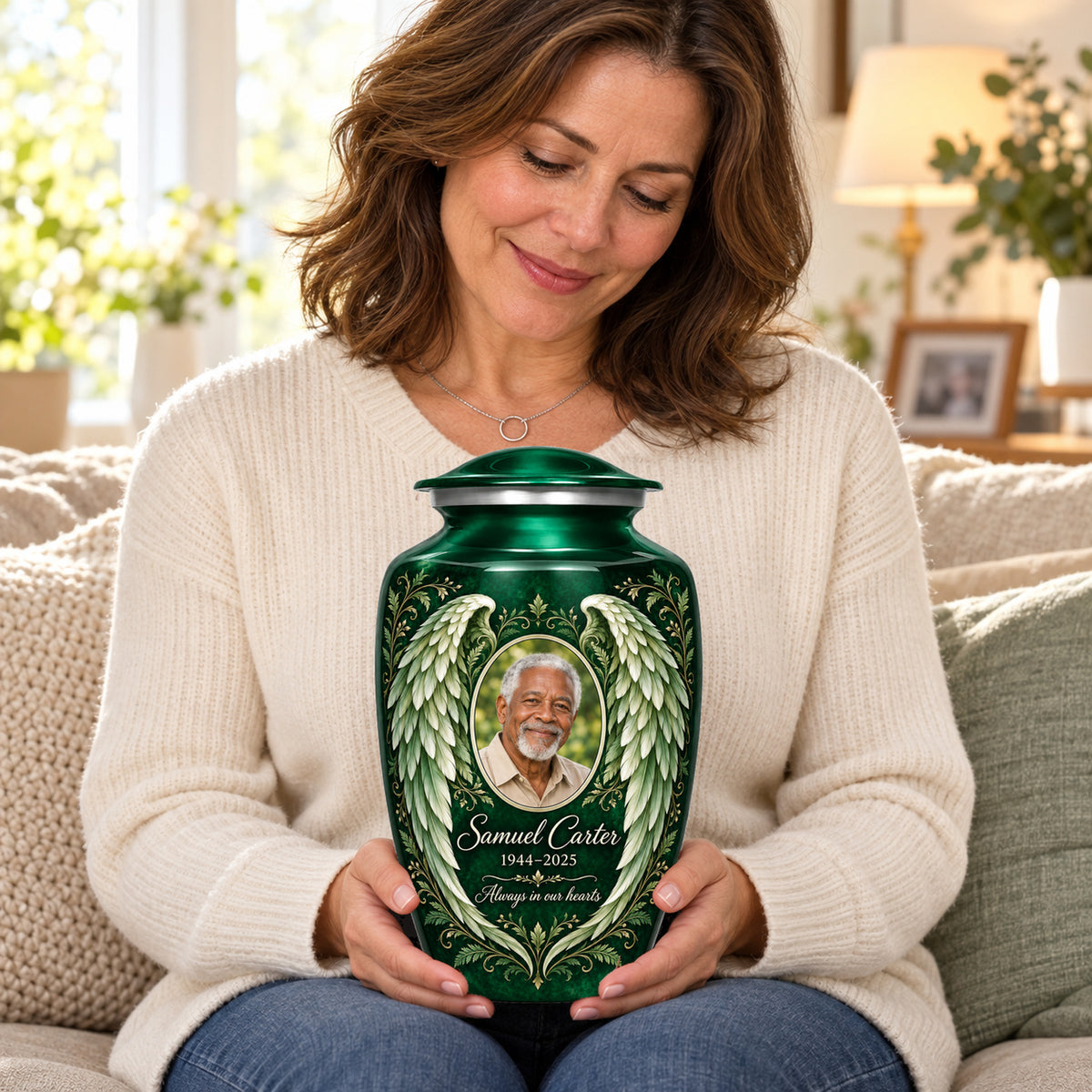 Seated person holding the green adult angel wings urn on their lap.