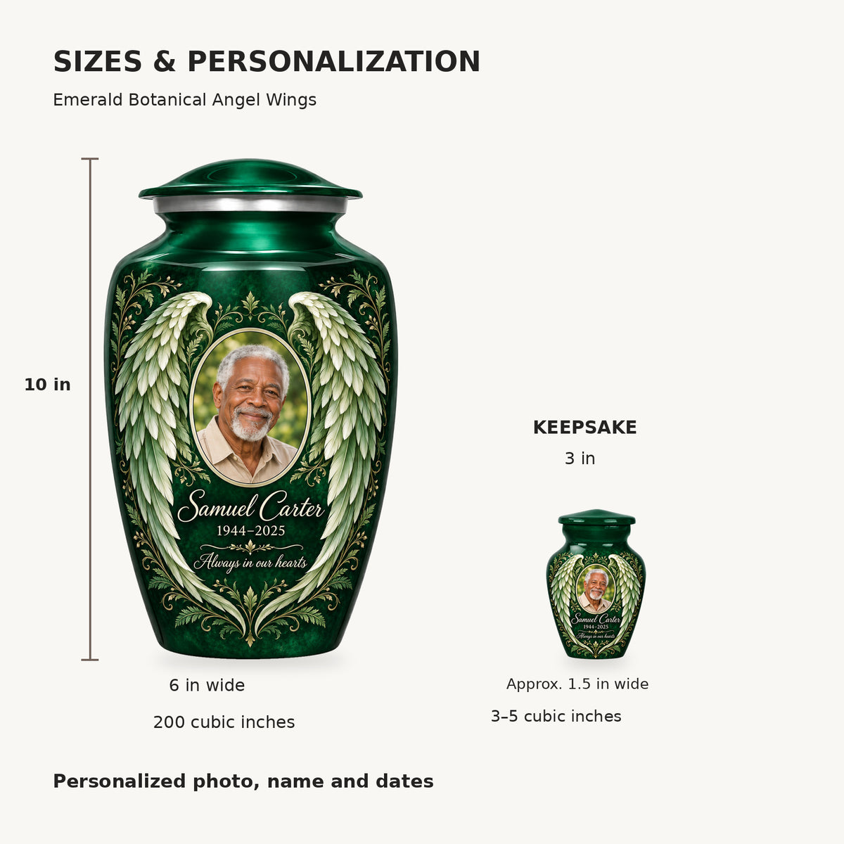 Size guide: adult 10 inches high, 6 inches wide, 200 cubic inches; keepsake 3 inches high, 3–5 cubic inches.