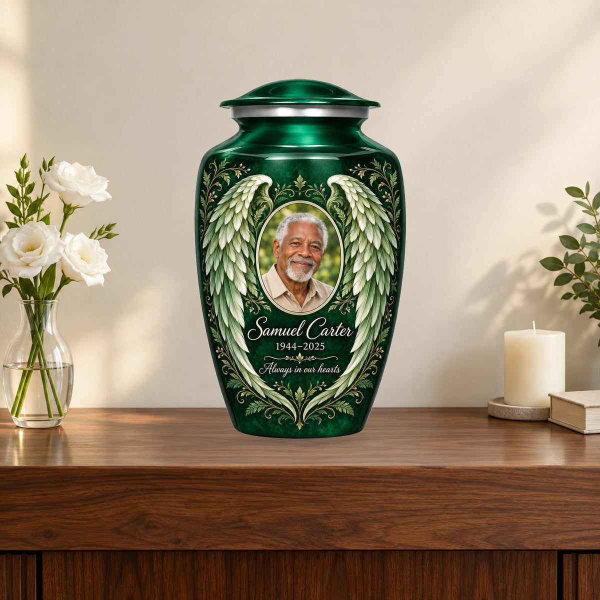 green personalized angel wings adult urn on a memorial console.