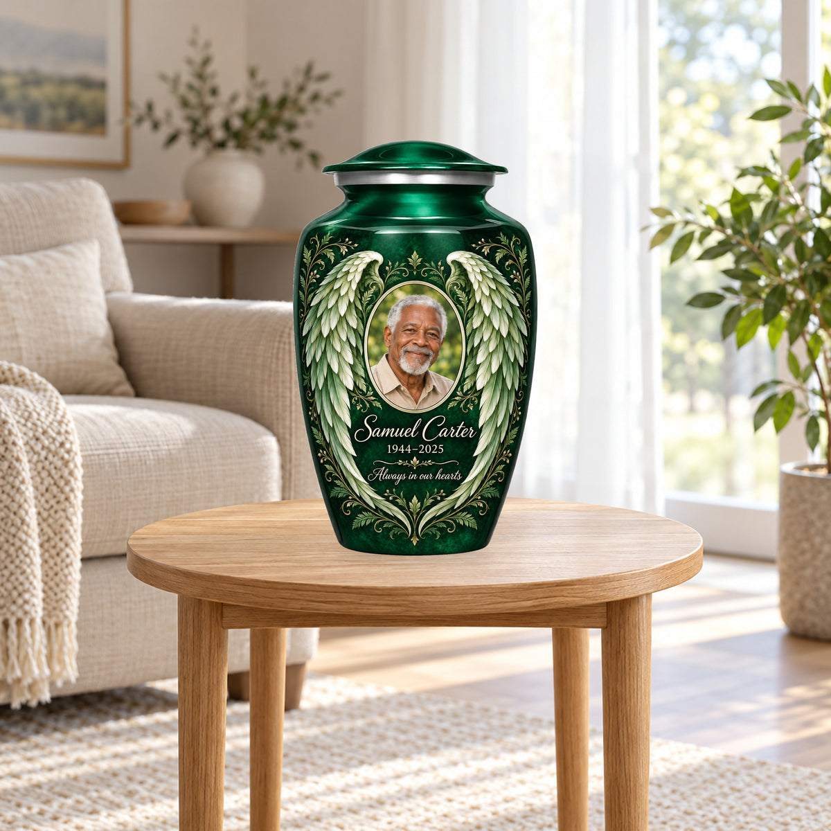 green personalized angel wings adult urn in a sunlit home.