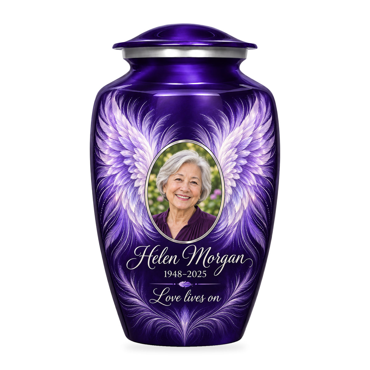 purple adult urn with Radiant Feather Wings angel wings artwork, fictional sample portrait and personalized inscription on white.