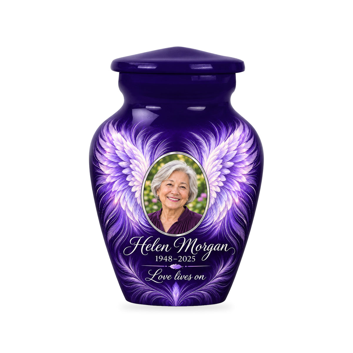 One matching purple ringless 3-inch keepsake with Radiant Feather Wings angel wings artwork and sample photo and text.
