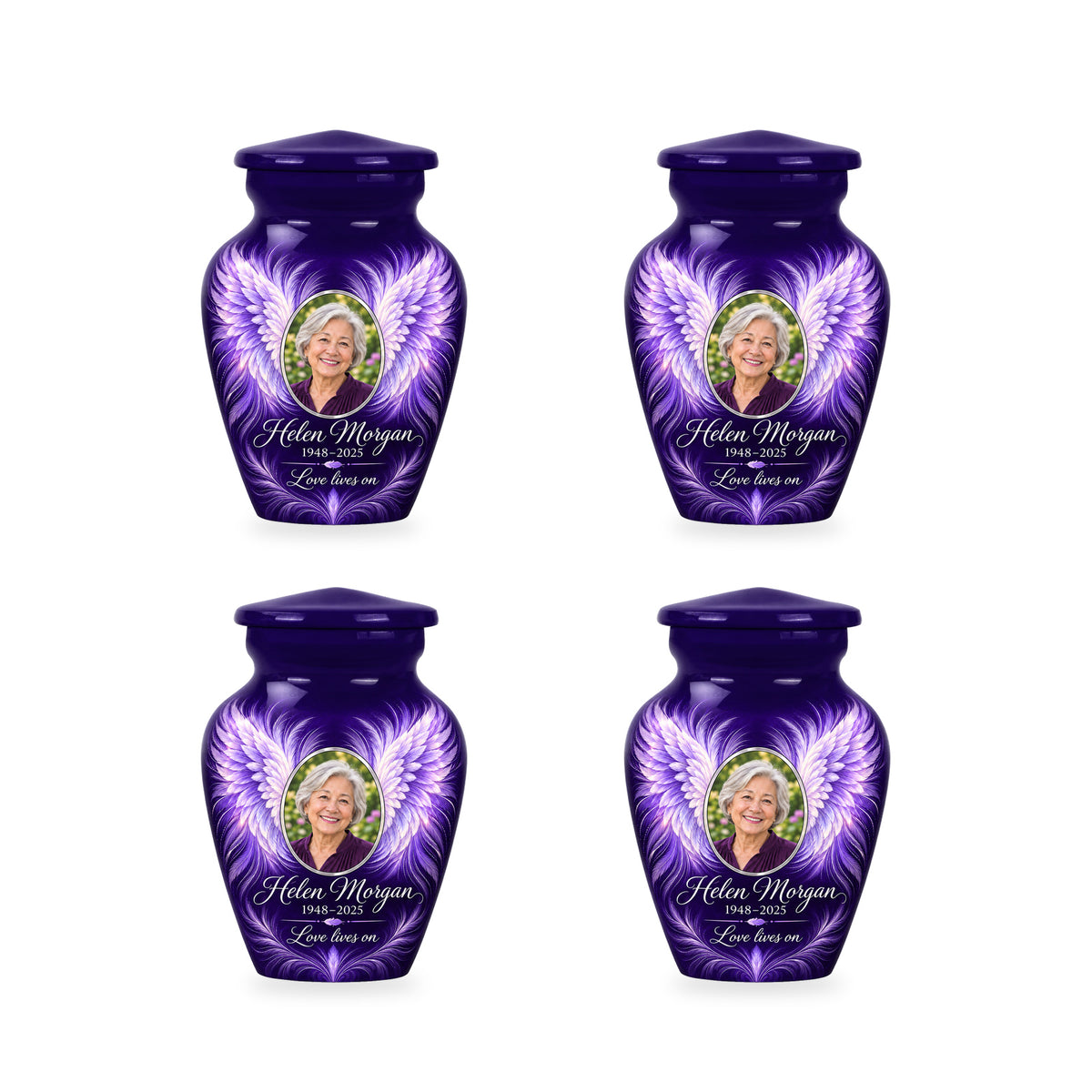 Four matching purple angel wings keepsake urns with sample photo and inscription.