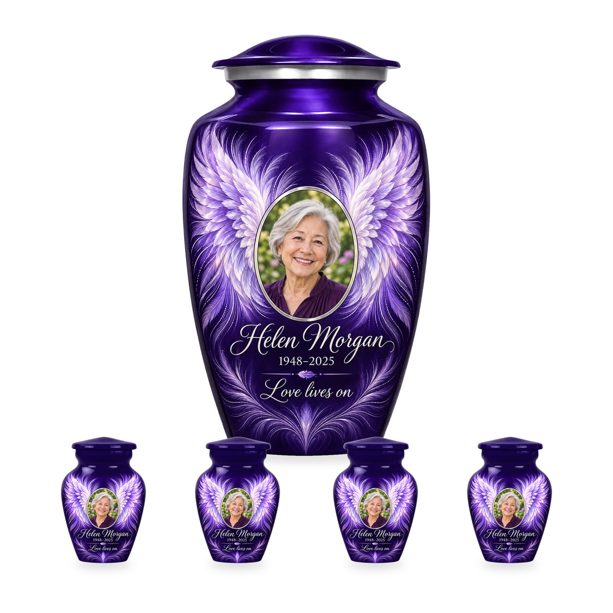 purple adult angel wings urn with four matching keepsakes shown in proportional 10-inch and 3-inch sizes.