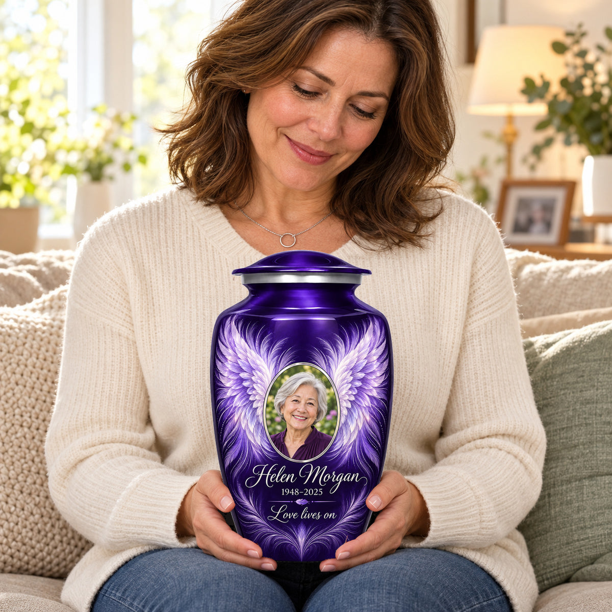 Seated person holding the purple adult angel wings urn on their lap.