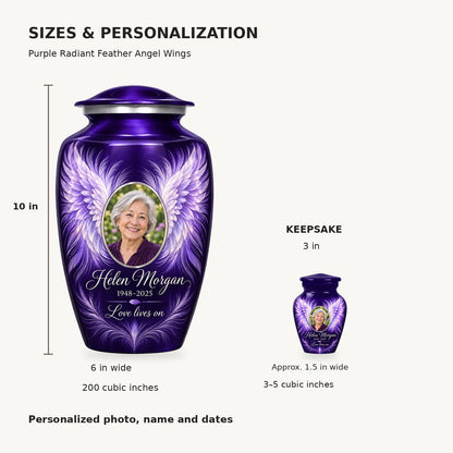 Size guide: adult 10 inches high, 6 inches wide, 200 cubic inches; keepsake 3 inches high, 3–5 cubic inches.