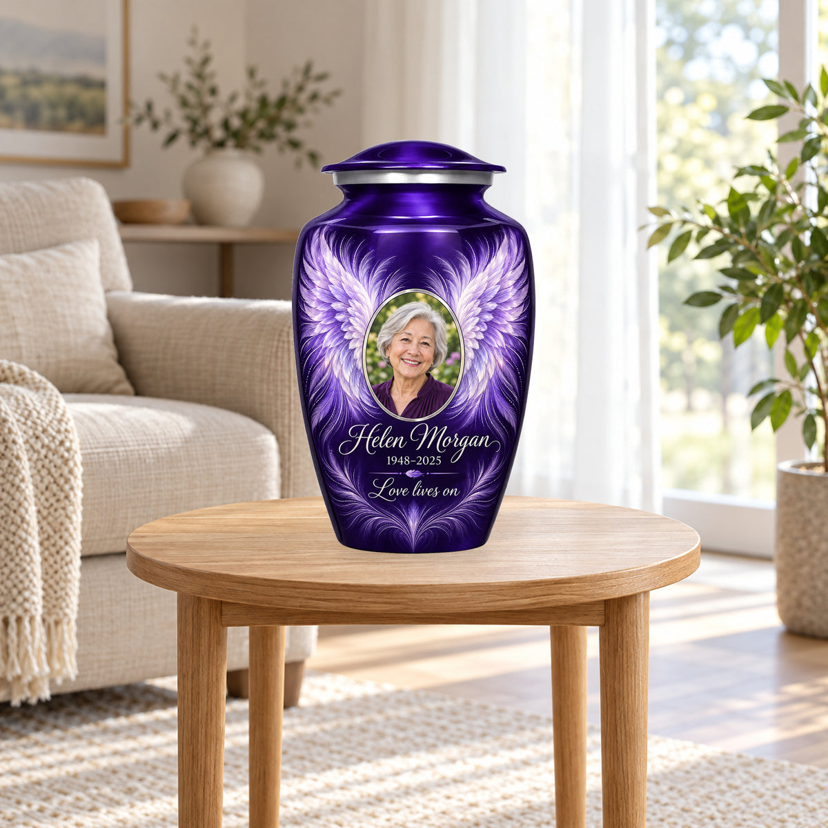 purple personalized angel wings adult urn in a sunlit home.