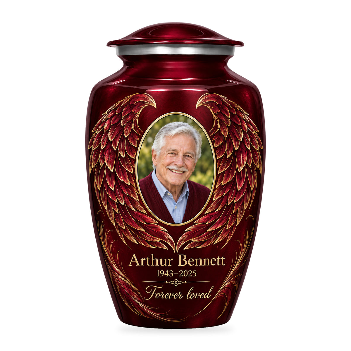 red adult urn with Golden Contour Wings angel wings artwork, fictional sample portrait and personalized inscription on white.