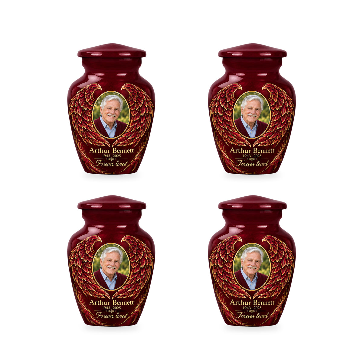 Four matching red angel wings keepsake urns with sample photo and inscription.