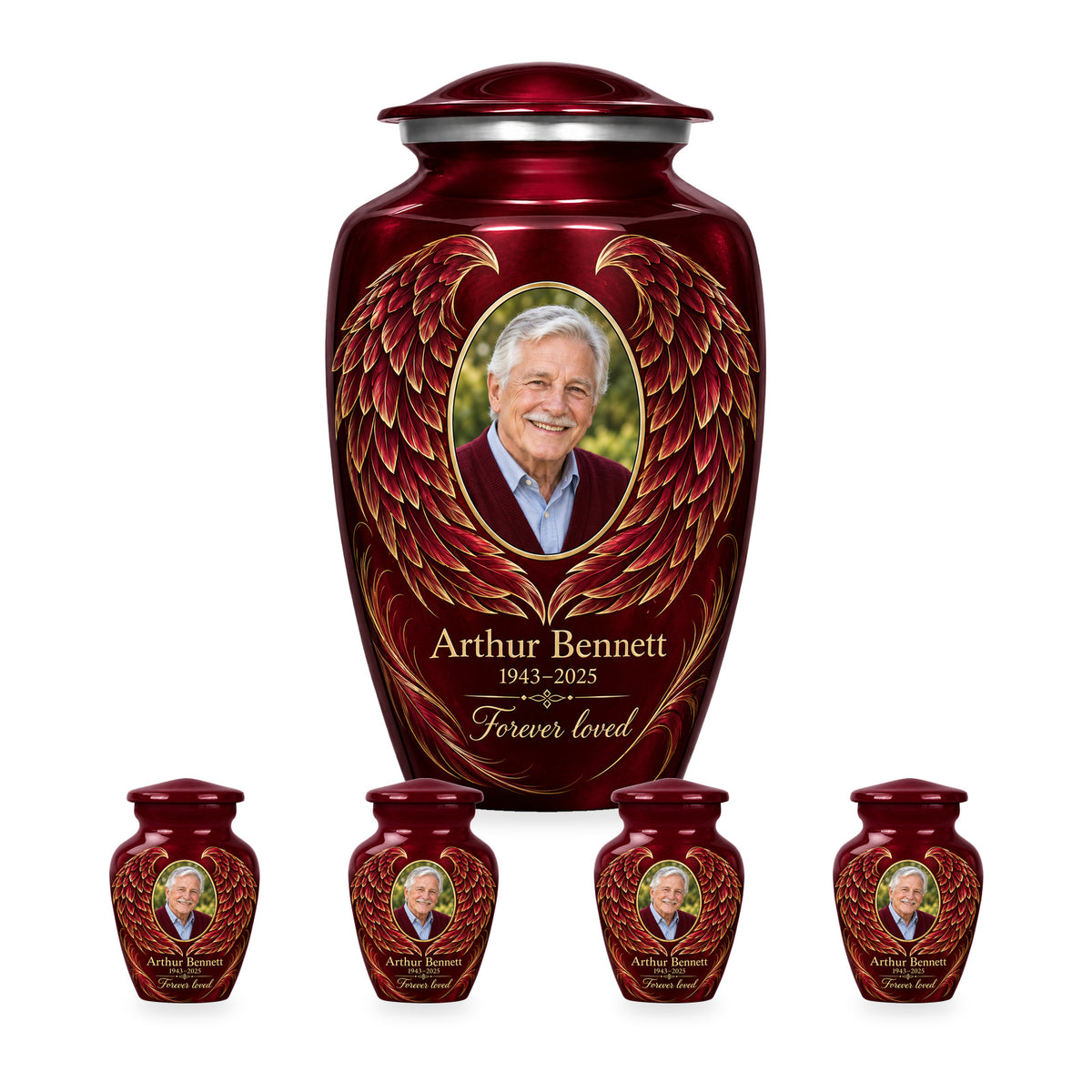 red adult angel wings urn with four matching keepsakes shown in proportional 10-inch and 3-inch sizes.