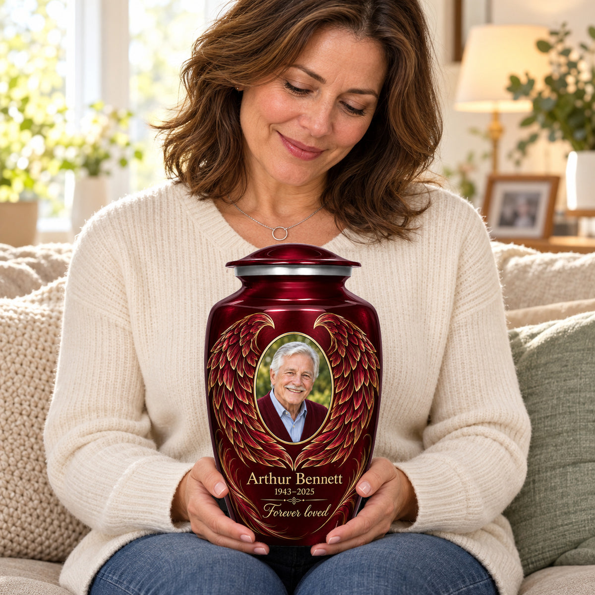 Seated person holding the red adult angel wings urn on their lap.