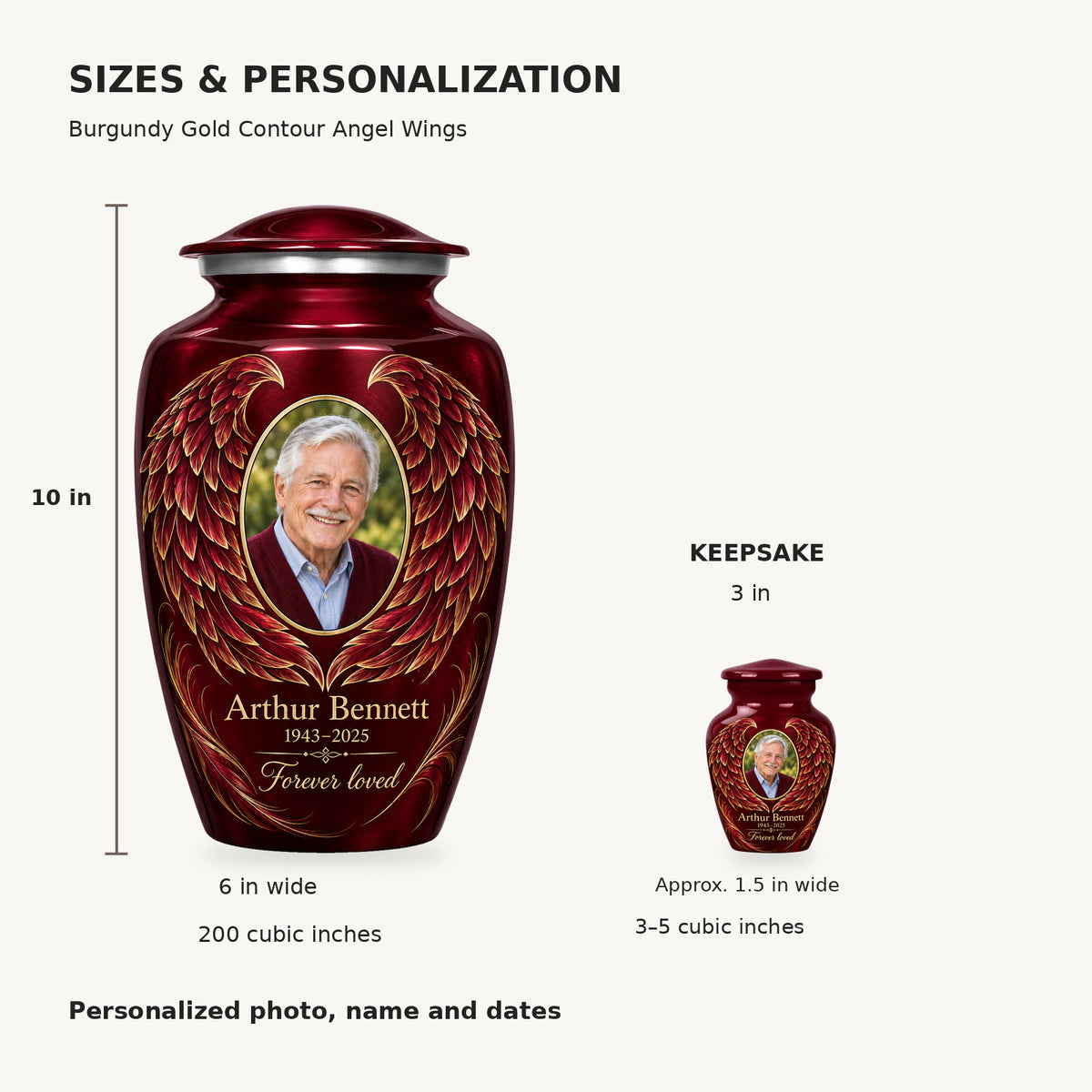 Size guide: adult 10 inches high, 6 inches wide, 200 cubic inches; keepsake 3 inches high, 3–5 cubic inches.