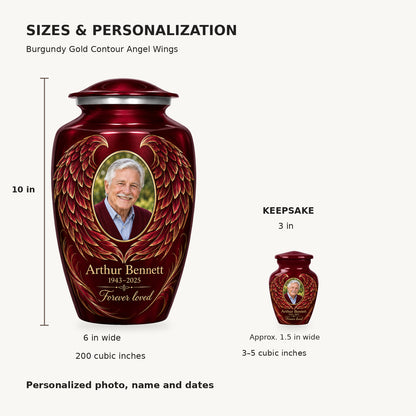 Size guide: adult 10 inches high, 6 inches wide, 200 cubic inches; keepsake 3 inches high, 3–5 cubic inches.